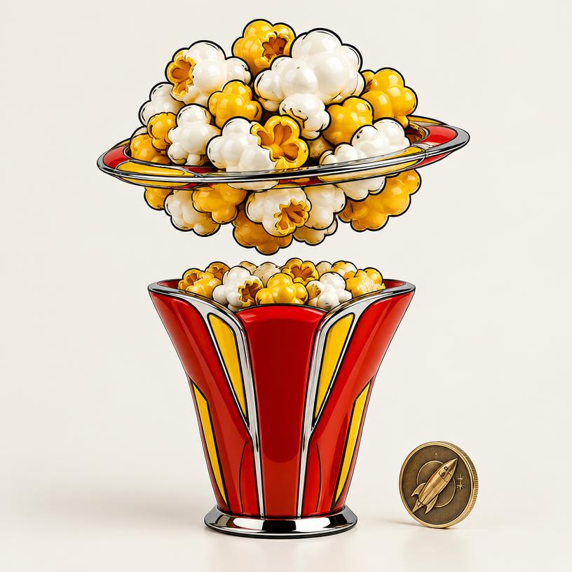 Original fictional white popcorn // cheddar Tates concept and decorative rendercoin
